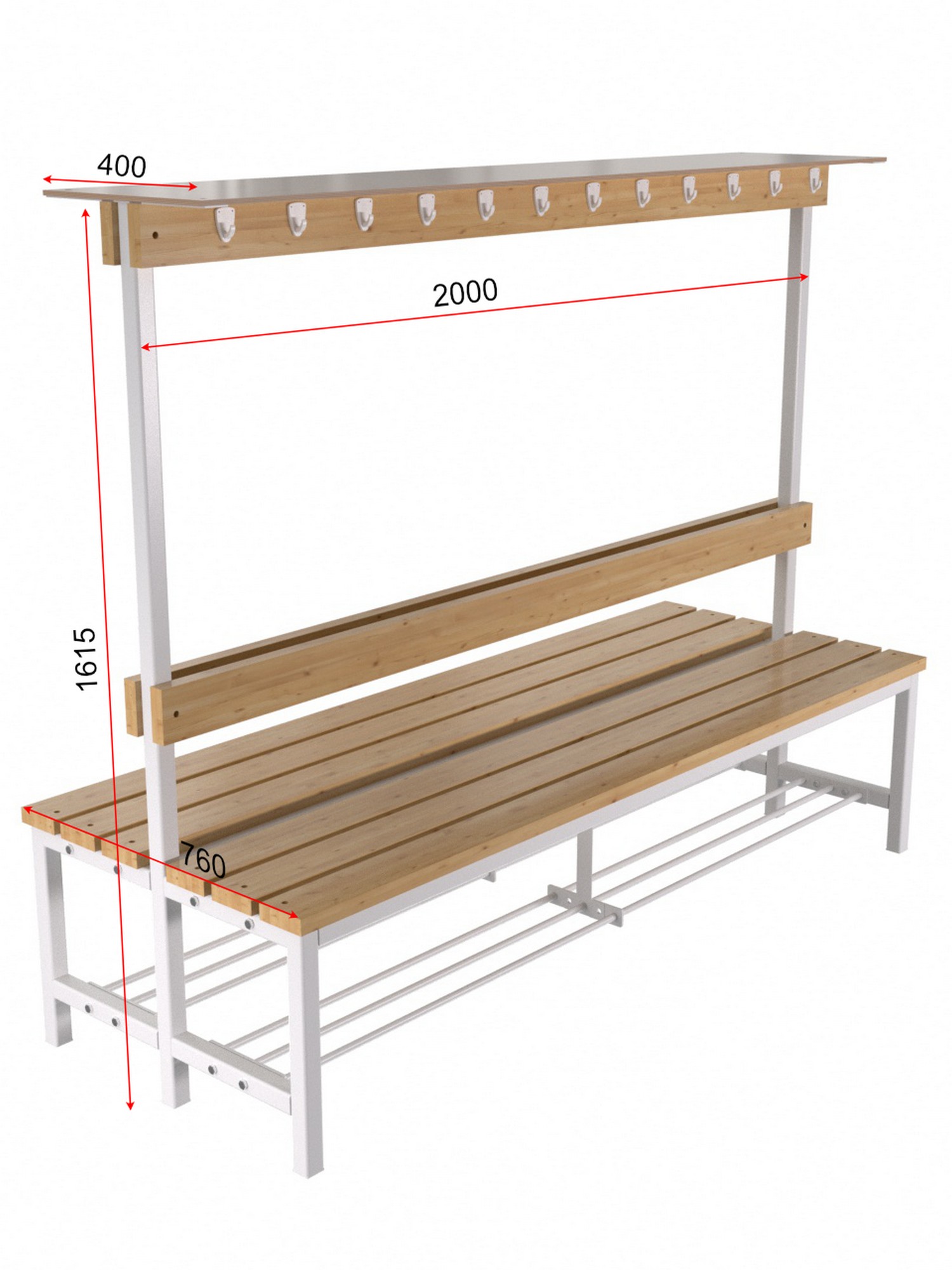 Скамейка для раздевалки с вешалкой, двухсторонняя разборная с полкой для обуви и для головных уборов 2,5 м Glav 10.005-2500 1500_2000