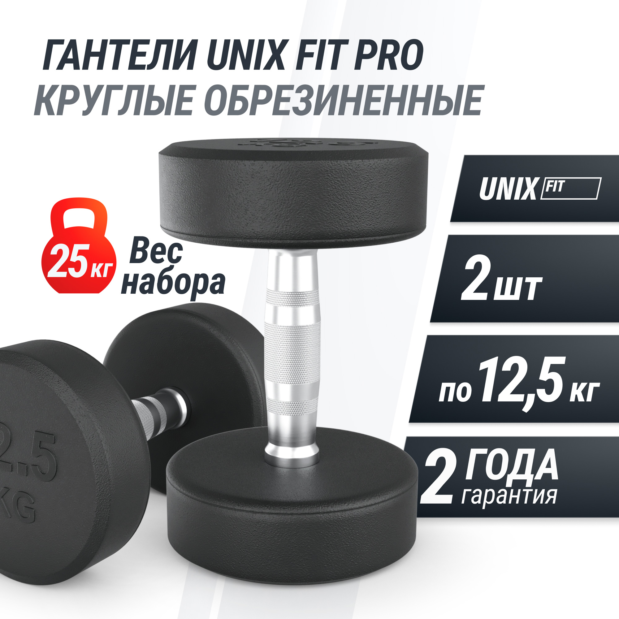 Гантель круглая обрезиненная 12,5 кг UnixFit PRO DBRND12_5PBKx2 2 шт 2000_2000