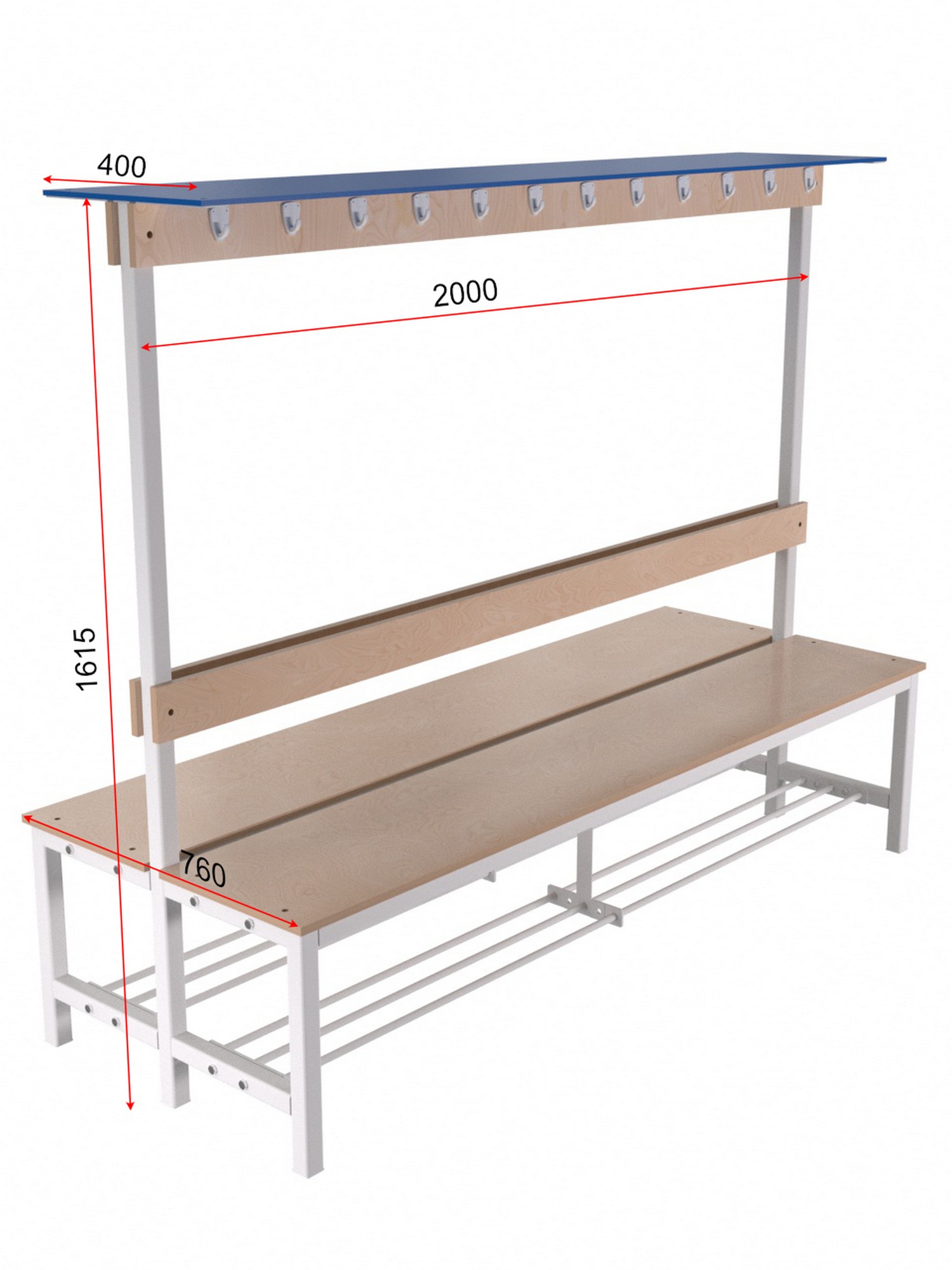 Скамейка для раздевалки двухсторонняя, с вешалкой (настил ЛДСП) с полкой для обуви и для головных уборов 1,5 м Glav 10.004-1500 1500_2000